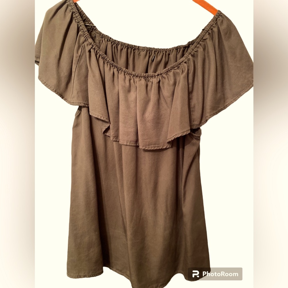 Anthropology Women’s Olive Green Off Shoulder Ruffle Top Blouse